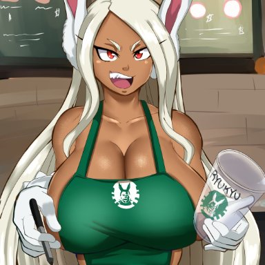 1girls, animal ears, apron, bunny ears, coffee cup, dark-skinned female, dark skin, female, female focus, female only, gloves, holding pen, hourglass figure, huge breasts, iced latte with breast milk