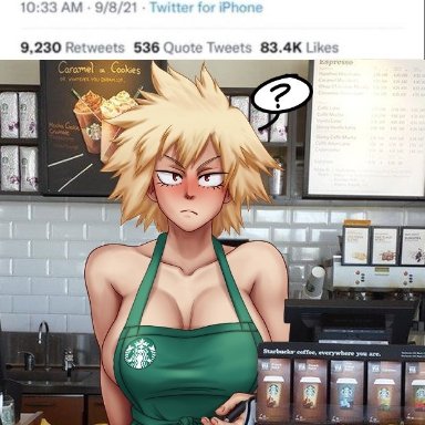 apron, big breasts, blonde hair, blush, iced latte with breast milk, looking at viewer, mature female, meme, mewmich, milf, mitsuki bakugou, mother, my hero academia, naked apron, spiky hair