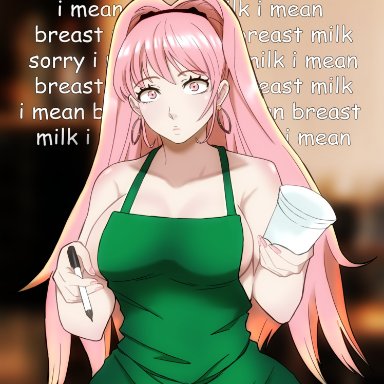 1girls, apron, apron only, bare shoulders, big breasts, breasts, ceroccb, cup, curvy, earrings, english text, fire emblem, fire emblem: three houses, hairband, highres