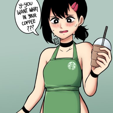 1girls, 2021, apron, apron only, black eyes, black hair, chainsaw man, coffee, cute, eyelashes, female, female only, green apron, higashiyama kobeni, iced latte with breast milk