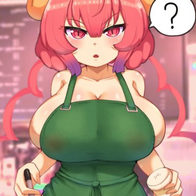 1girls, ?, apron, apron only, coffee cup, dragon girl, dragon horns, female, female focus, female only, front view, holding object, hourglass figure, huge breasts, iced latte with breast milk