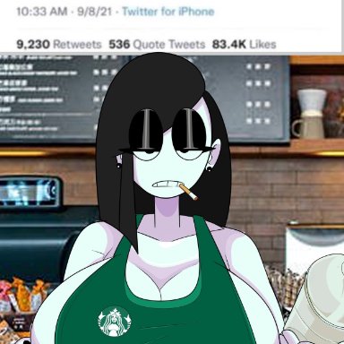 apron, big breasts, breasts, busty, cleavage, female, female focus, female only, goth, hourglass figure, iced latte with breast milk, large breasts, nude apron, saltynoodles, sideboob