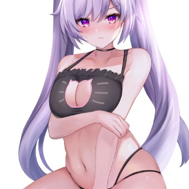 artist request, big breasts, blush, bra, breasts, choker, genshin impact, keqing (genshin impact), midriff, navel, panties, purple eyes, purple hair, revealing clothes, thick thighs