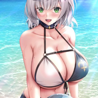 1girls, ball, bare shoulders, beachball, bikini, breasts, cleavage, collarbone, day, eyewear on head, female, female, female focus, female only, glint