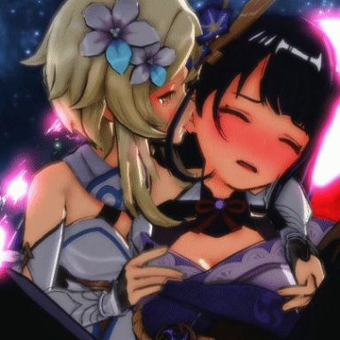 2girls, 3d, animated, blush, breast grab, breasts, closed eyes, ear licking, female, female only, fondling, genshin impact, gif, large breasts, lumine (genshin impact)