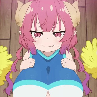 1girls, animated, animated gif, big breasts, boobjob, breasts, cheerleader, cheerleader uniform, eye contact, female, gif, horns, ilulu (dragon maid), implied paizuri, joutarou taku