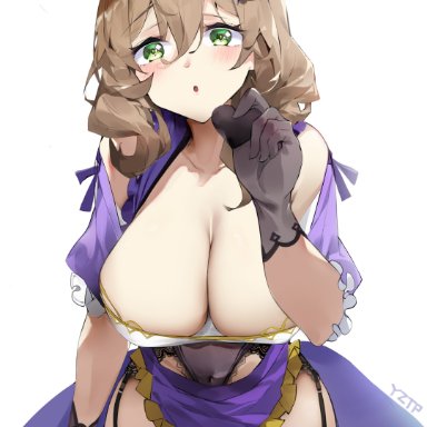 1girls, big breasts, blush, breasts, brown hair, genshin impact, green eyes, lisa (genshin impact), thick thighs, thighhighs, thighs, yztp