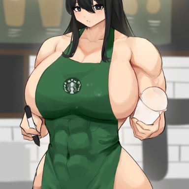 abs, apron, apron only, black eyes, black hair, breasts, busty, female, huge breasts, iced latte with breast milk, large breasts, long hair, looking at viewer, meme, muscles