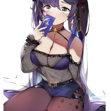 1girls, blush, crop top, earrings, genshin impact, green eyes, mona (genshin impact), purple hair, short skirt, skirt, thick thighs, thighs, tight clothing, twintails, yztp