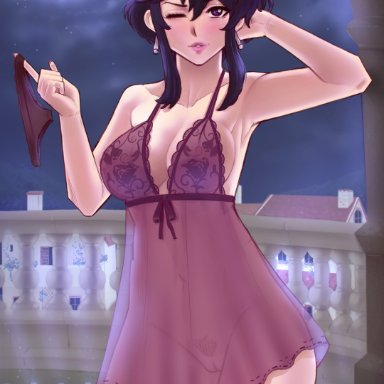 1girls, ;d, aquiadok, armpits, balcony, bedroom eyes, black panties, come hither, earrings, female pubic hair, fire emblem, fire emblem: genealogy of the holy war, full moon, larcei (fire emblem), large breasts