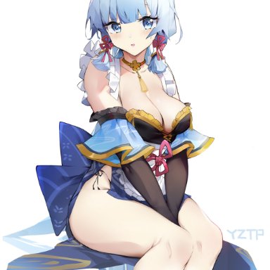 big breasts, blue eyes, blue hair, blush, breats, choker, genshin impact, japanese text, kamisato ayaka, revealing clothes, thick thighs, thighs, yztp