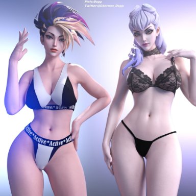 akali, depp (artist), evelynn, k/da all out akali, k/da all out evelynn, k/da all out series, league of legends, simple background, tagme, underwear