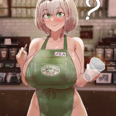 1girls, absurdres, aestheticc-meme, apron, barista, breasts, cleavage, female, female only, highres, hololive, huge breasts, iced latte with breast milk, looking at viewer, shirogane noel