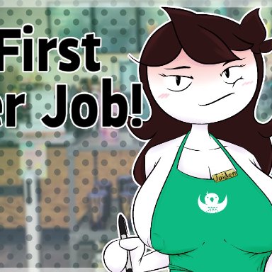 annoyed, annoyed expression, apron, blush, breasts, brown hair, chinigan, cleavage, coffee cup, coffee shop, eyelashes, fake screenshot, fake video, green apron, iced latte with breast milk