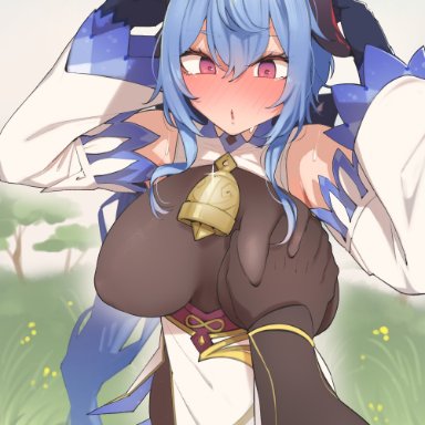 aether (genshin impact), ahoge, arms up, bare shoulders, bell, black bodysuit, blue hair, blush, boca, bodysuit, breast grab, breasts, cowbell, detached sleeves, english text