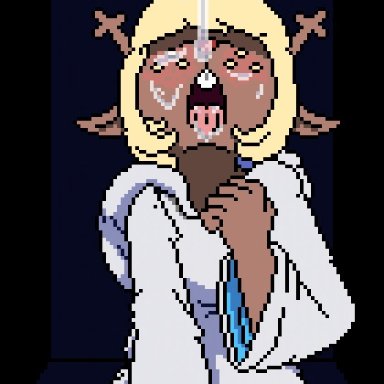 2girls, age difference, ahe gao, animated, antlers, areolae, blonde hair, blush, brown fur, buckteeth, clitoris, deer, deltarune, drinking, female