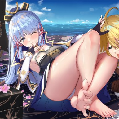 1boy, 2girls, absurd res, aether (genshin impact), bare legs, barefoot, blonde hair, blue eyes, blue hair, blush, breastplate, breasts, closed eyes, clothing, cute