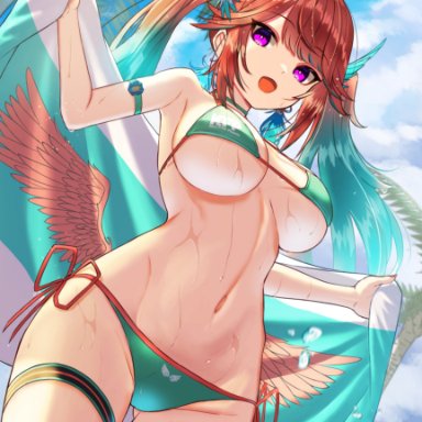 1girls, alternate hairstyle, ambercrown, arm strap, bangs, bikini, breasts, cloud, cloudy sky, cowboy shot, earrings, eyebrows visible through hair, feather earrings, feathers, female