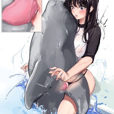 1animal, 1girls, animal penis, bikini, black hair, blush, dolphin, komi-san wa komyushou desu, komi shouko, large breasts, legs spread, mamimi (artist), nipples, pool, purple eyes