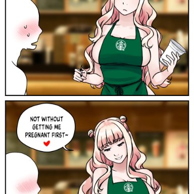 1boy, 1girls, anon, apron, apron only, blush, cup, dialogue, embarrassed, english text, female, hair bun, heart, hime takamura, iced latte with breast milk