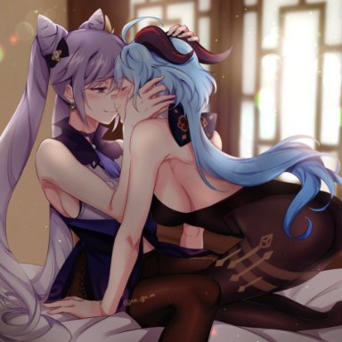 2girls, ahoge, arm support, backless leotard, bangs, bare arms, bare shoulders, big breasts, black bow, black leotard, blue hair, blurry, blurry background, blush, bow
