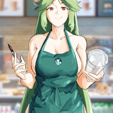 apron, apron only, automatic giraffe, big breasts, breasts, female, green hair, iced latte with breast milk, kid icarus, kid icarus uprising, meme, naked apron, nintendo, palutena, red eyes