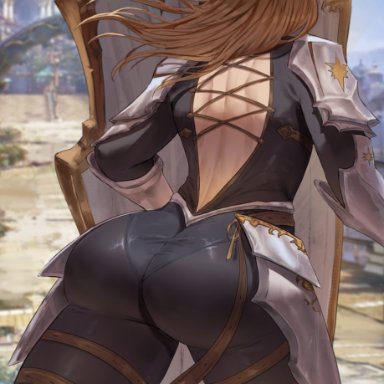 1girls, armor, armored dress, ass, big ass, blonde hair, butt, fantasy, female, female only, from behind, full body, fully clothed, hotpants, kisare