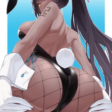 1girls, animal ears, ass, ass focus, ass grab, ass support, bare shoulders, black hair, blue archive, blush, breasts, bunny ears, bunny tail, cameltoe, clothing