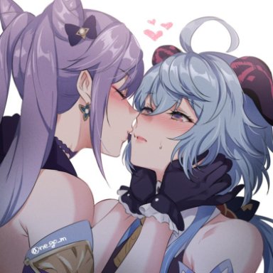 2girls, ahoge, bare shoulders, blue hair, closed eyes, earrings, ganyu (genshin impact), genshin impact, horns, imminent kiss, keqing (genshin impact), looking at partner, negom, purple hair, twintails