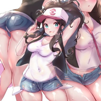 1girls, ass, big ass, big butt, blue eyes, blush, breasts, brown hair, eyebrows, female, hat, hilda (pokemon), long hair, looking at viewer, minishorts