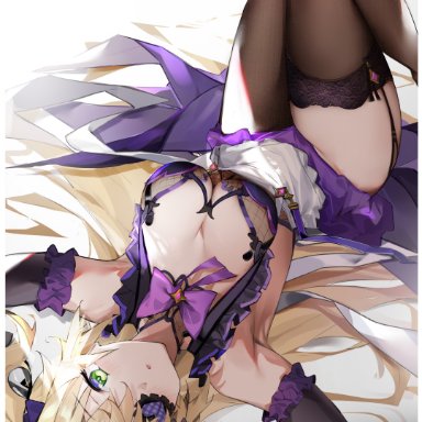 big breasts, blonde hair, bra, breasts, eyepatch, fischl (genshin impact), genshin impact, green eyes, lace, thick thighs, thighhighs, thighs, yztp