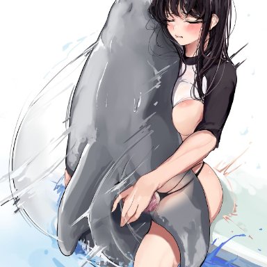 1animal, 1girls, animal penis, bikini, biting lip, black hair, blush, breasts, closed eyes, dolphin, ecstasy, komi-san wa komyushou desu, komi shouko, large breasts, legs spread