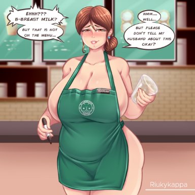 1girls, apron, bbw, brown hair, chubby, chubby female, female, female focus, hair bun, huge breasts, iced latte with breast milk, naked apron, overweight, overweight female, riukykappa