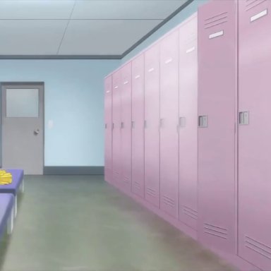 16:9 aspect ratio, 1boy, 1girl, 2d, after sex, against locker, animated, areolae, arm around neck, ass, back, backboob, bangs, bare ass, bench