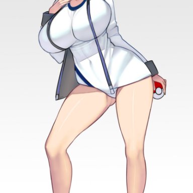 abs, blue eyes, breasts, cowboy shot, female, game freak, gym leader, highres, holding, holding poke ball, huge breasts, jacket, kasumi (pokemon), large breasts, legs