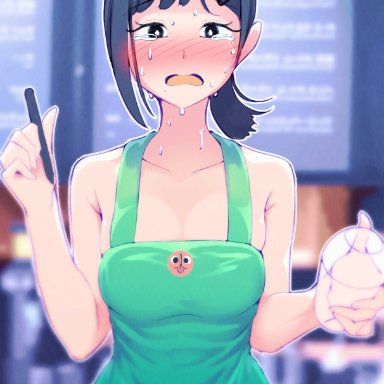 1girls, 2021, apron, apron only, black eyes, black hair, chainsaw man, cute, female, female focus, female only, green apron, higashiyama kobeni, iced latte with breast milk, pochita (chainsaw man)