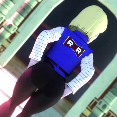 1girls, 3d, android, android 18, animated, ass, ass focus, ass shake, background music, bent forward, bent over, big ass, blonde hair, clothed, clothed female