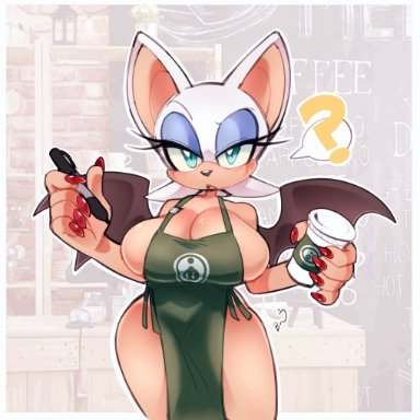 1girls, ?, apron, apron only, bat, bat ears, bat wings, big breasts, blue eyes, breasts, female, female focus, female only, green apron, holding object