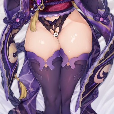 1female, 1girls, big breasts, blush, breasts, busty, censored, female, female only, genshin impact, high heels, holding own breasts, long hair, moehime, no bra