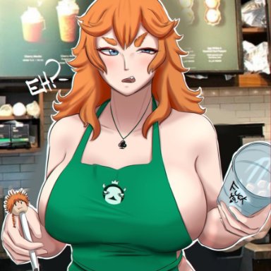 1girls, apron, ausoh, barista, black clover, clothed, clothing, female, female only, iced latte with breast milk, mereoleona vermillion, profanity, solo, starbucks, tagme