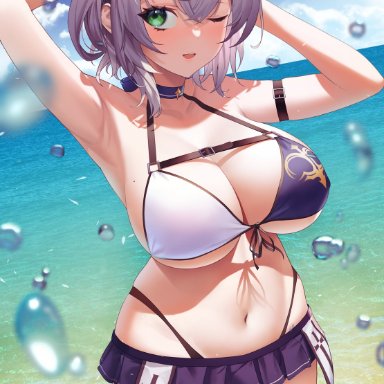 1girls, 2021, armpits, bare shoulders, bikini, bird, blue sky, breasts, bubble, choker, cleavage, cloud, cowboy shot, day, eyewear on head