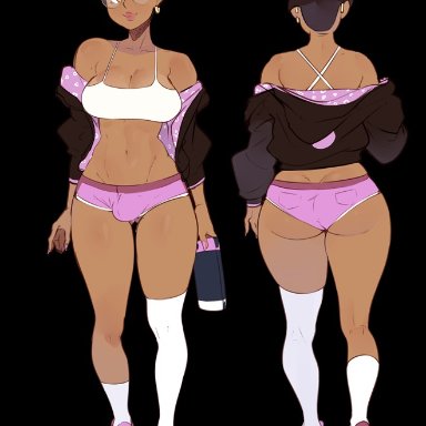 1futa, asymmetrical legwear, bare shoulders, big breasts, black hair, booty shorts, breasts, bulge, cleavage, clothed, clothing, dark-skinned futanari, dark skin, futa only, futanari