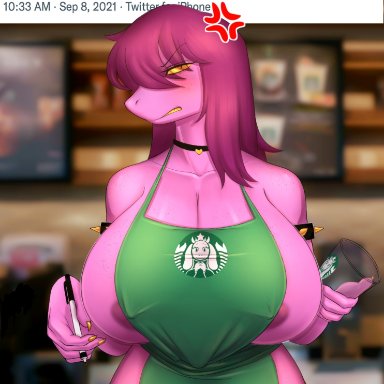 angry, areola slip, breasts, deltarune, huge breasts, huwon, iced latte with breast milk, naked apron, scalie, susie (deltarune), tagme