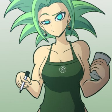 apron, artist request, busty, coffee, coffee cup, dragon ball, hourglass figure, iced latte with breast milk, kefla, meme, tagme, waitress, waitress uniform, wide hips