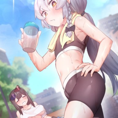 1boy, 1futa, after exercise, bench, black hair, bulge, disposable cup, erection, erection under clothes, eyewear on head, futanari, hand on hip, holding cup, holding object, leggings