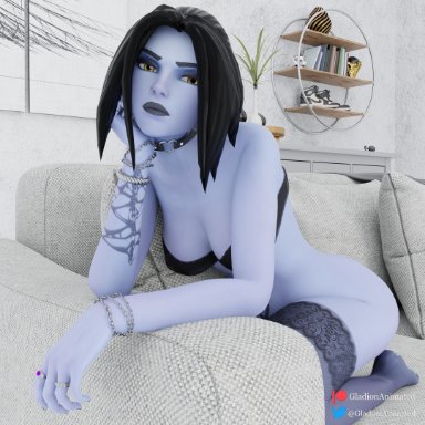 1girls, 3d, 3d (artwork), alternate costume, black hair, black lipstick, blender, blender (software), blue skin, bored, bracelet, bracelets, choker, collar, couch