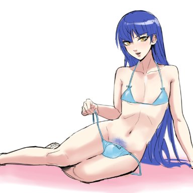 akizora, bikini, bikini bottom, bikini top, blue hair, crossdressing, crotch tuft, cute boy, femboy, gold eyes, long hair, protagonist (shin megami tensei v), pubic hair, shin megami tensei, shin megami tensei v