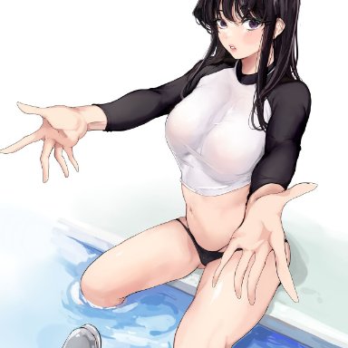 1animal, 1girls, bikini, black hair, dolphin, komi-san wa komyushou desu, komi shouko, large breasts, legs spread, mamimi (artist), pool, purple eyes, swimsuit