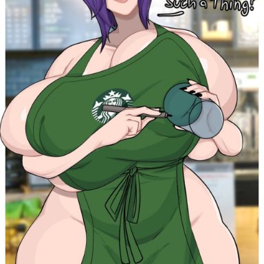 apron, cup, dialogue, english text, female, female focus, gigantic breasts, hair over one eye, human, iced latte with breast milk, light-skinned female, light skin, mature female, naked, naked apron