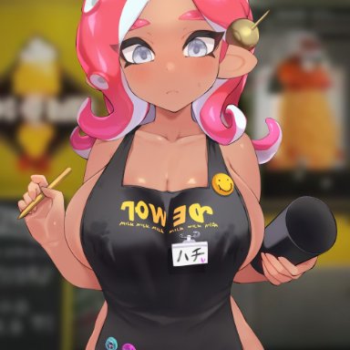 1girls, apron, bare shoulders, big breasts, black apron, blurry background, blush, breasts, brown skin, buttons, cephalopod, cleavage, cup, curvy, detailed background